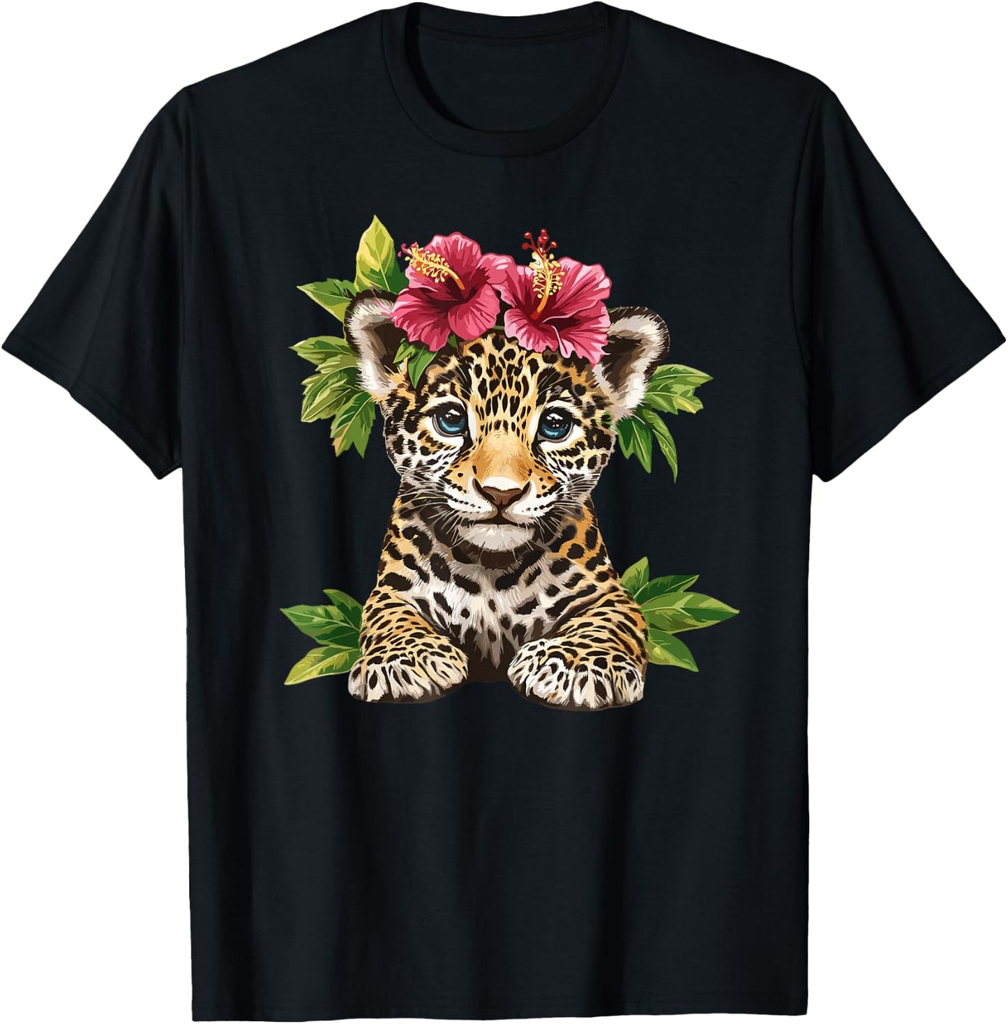 Leopard Cub with Hibiscus and Leaves T-Shirt - T-Shirt | Black