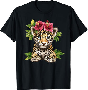 Leopard Cub with Hibiscus and Leaves T-Shirt - T-Shirt | Black