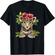 Leopard Cub with Hibiscus and Leaves T-Shirt - T-Shirt | Black