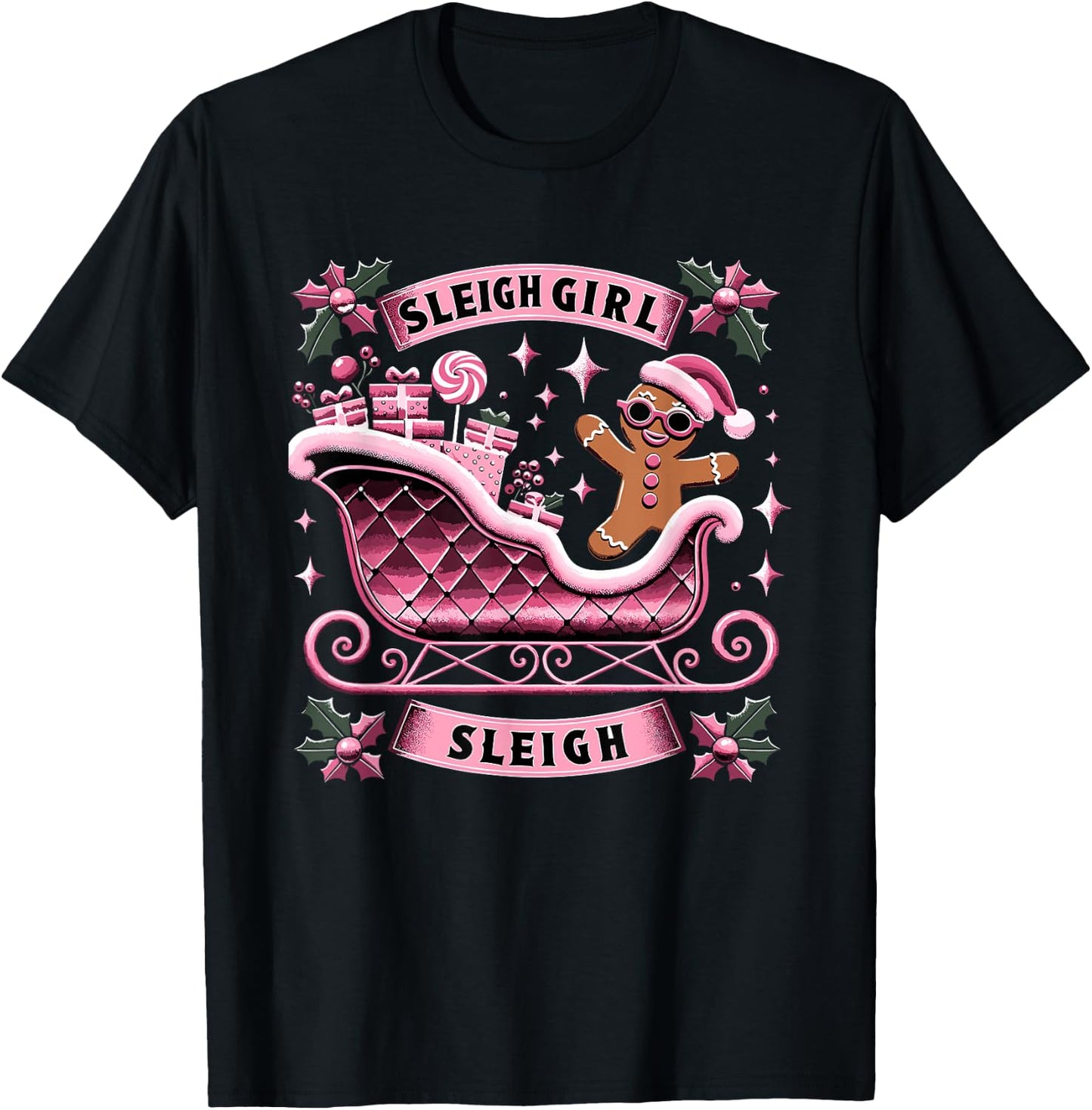Groovy Pink Christmas Candy Sleigh Girl Gingerbread Holiday T-Shirt - T-Shirt | Black