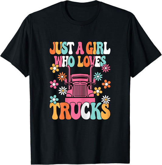 Just A Girl Who Loves Trucks Cute Trucker Big Rig Kids T-Shirt - T-Shirt | Black