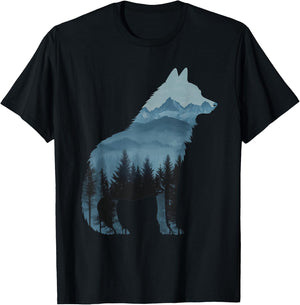 Wolf and Forest Silhouette double exposure Art T-Shirt - T-Shirt | Black