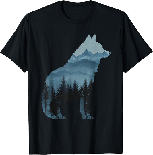 Wolf and Forest Silhouette double exposure Art T-Shirt - T-Shirt | Black