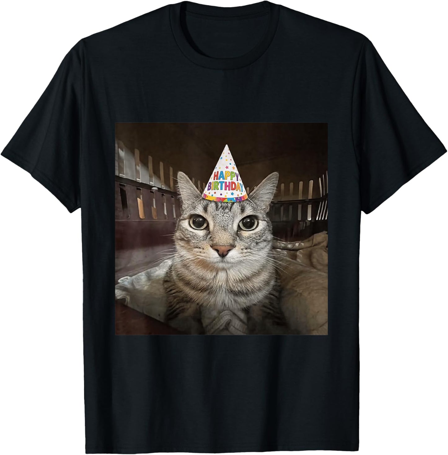 Funny Staring Meme Cat Birthday Greeting Adults Boys Girls T-Shirt - T-Shirt | Black