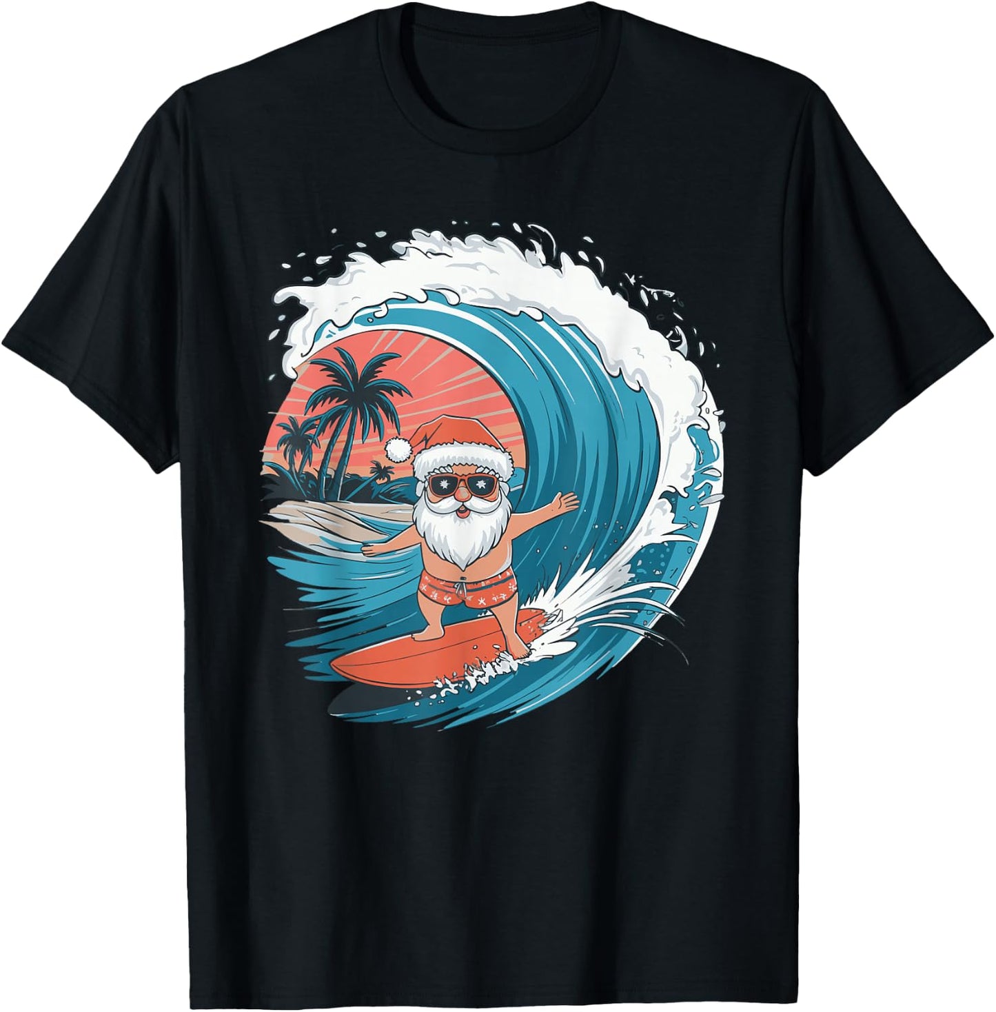 Santa Surfing Surfboard T-Shirt - T-Shirt | Black