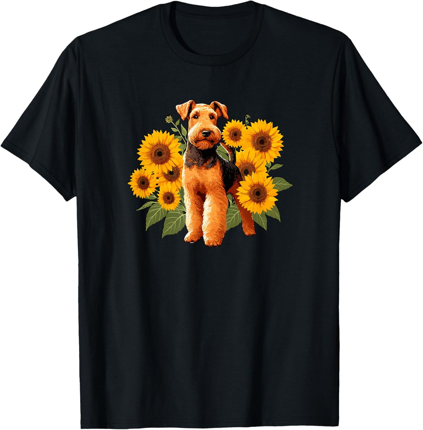 Funny & Girls Sunflowers Airedale Terrier Dog Lover T-Shirt - T-Shirt | Black