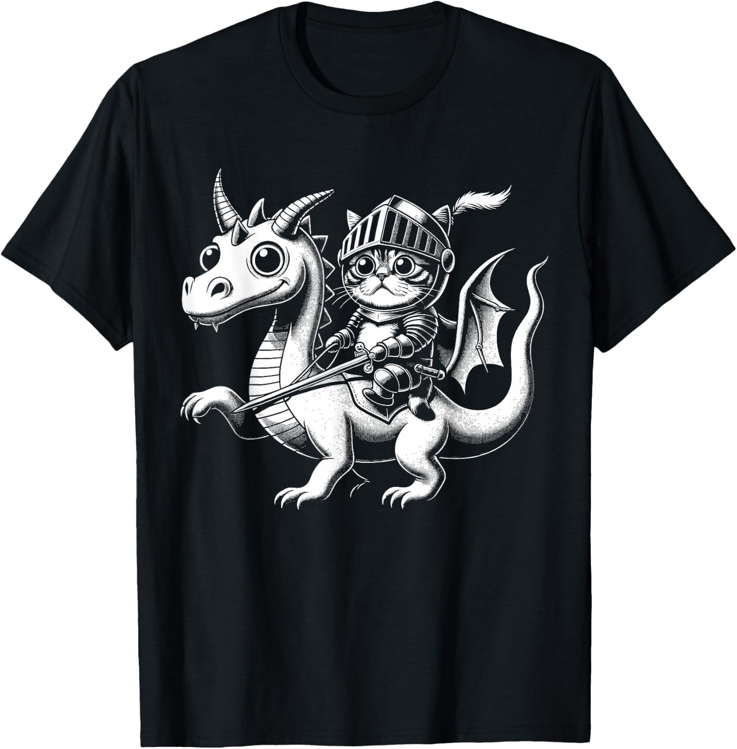Cute Kawaii Cat Knight Riding A Dragon T-Shirt - T-Shirt | Black