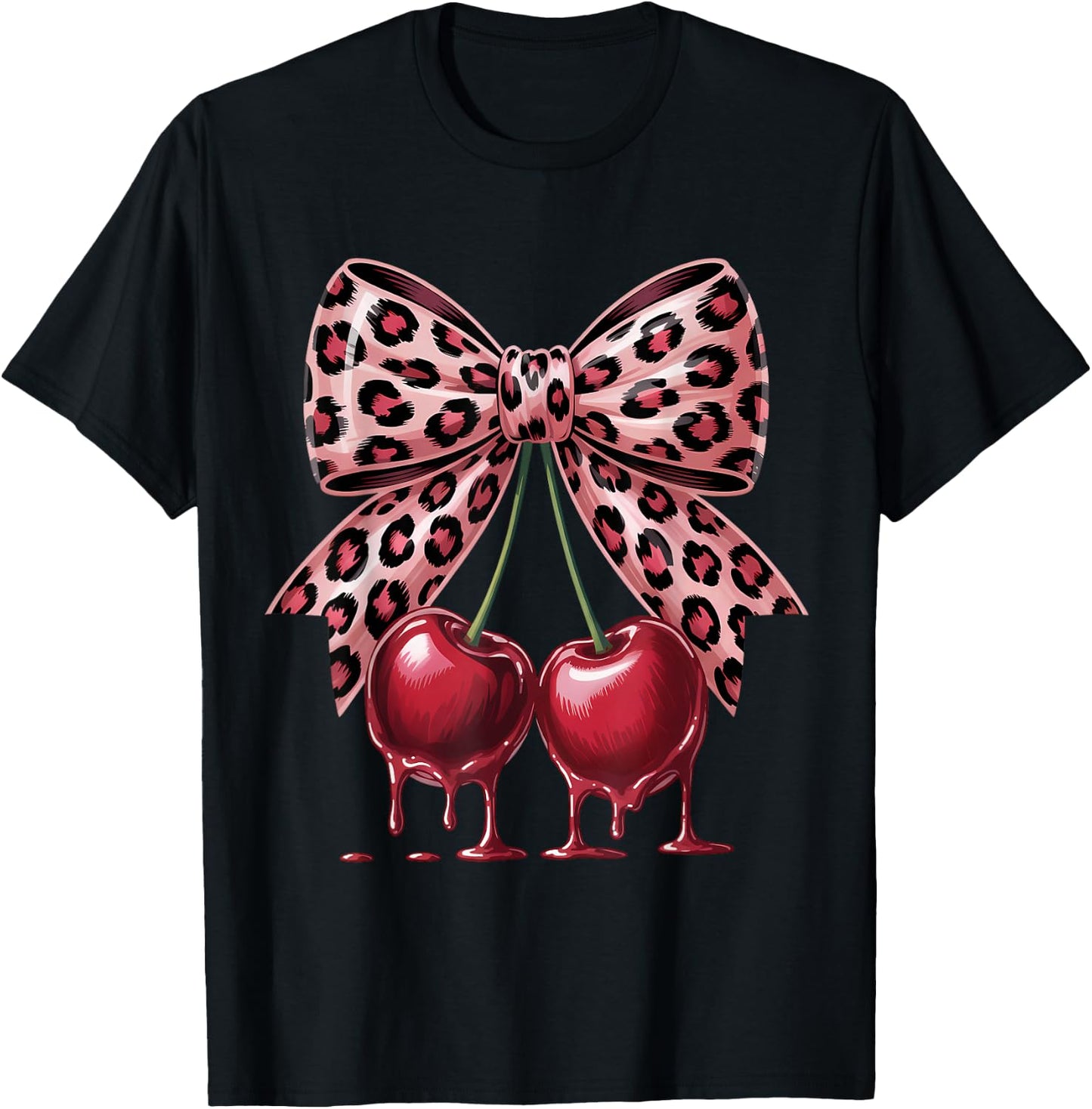 Cherry Leopard Coquette Bow Cute Cherries T-Shirt - T-Shirt | Black