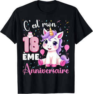 Cute Unicorn C'est Mon 18th Birthday 18 Years Old Girl , Black, S T-Shirt - T-Shirt | Black