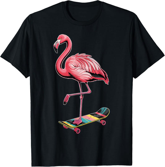 Stylish Flamingo Skateboard Enthusiast T-Shirt - T-Shirt | Black