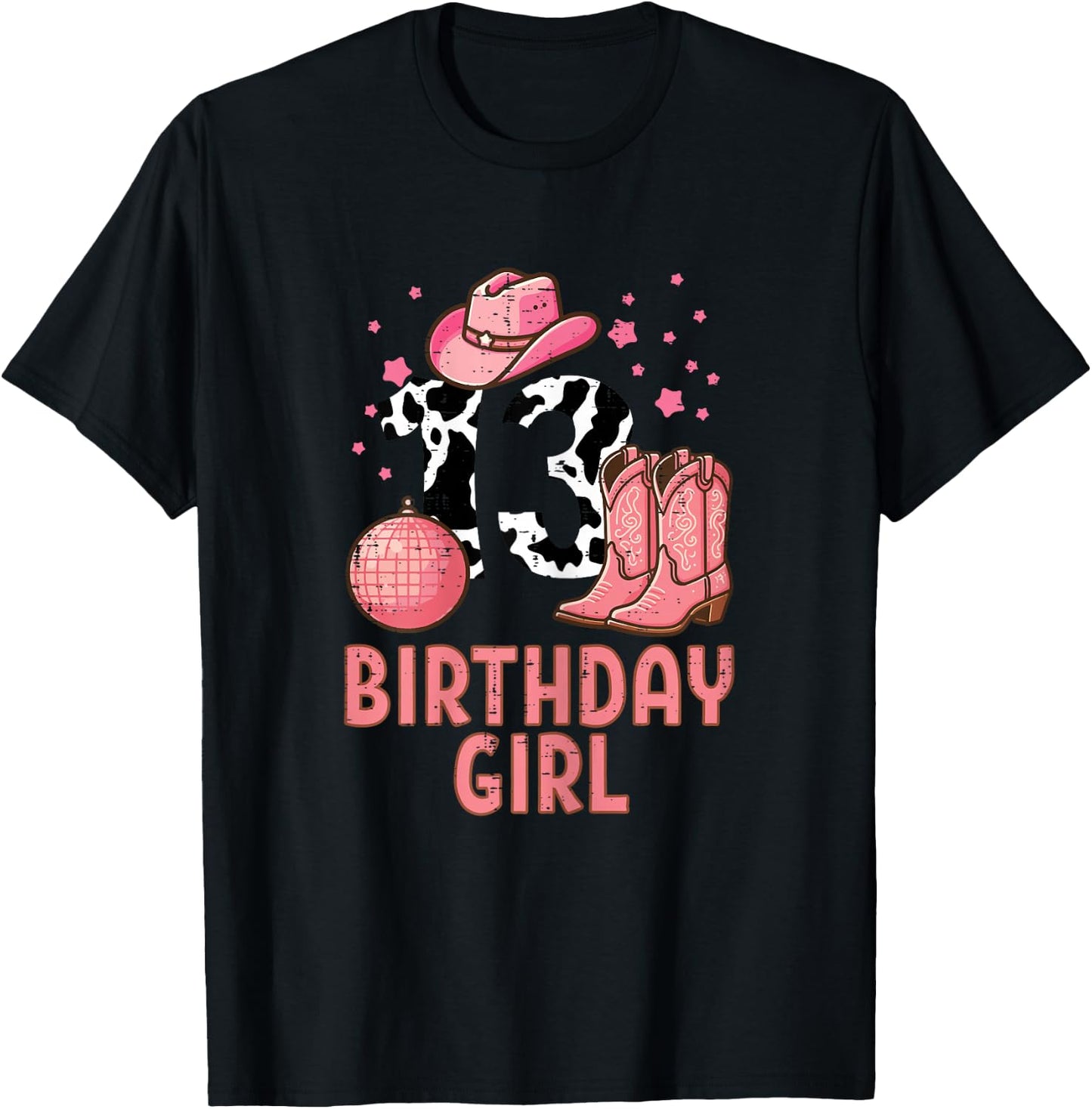 13th Birthday Cow Pattern Cowgirl 13 Year Old Bday Girls T-Shirt - T-Shirt | Black