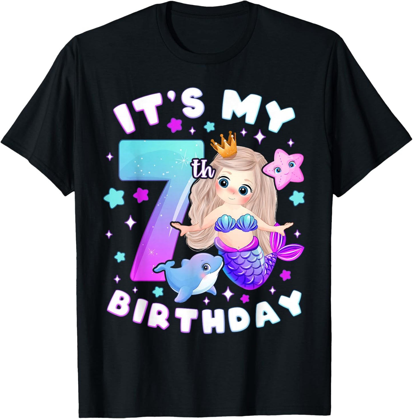 7th Birthday Girl 7 Years Mermaid Number 7 T-Shirt - T-Shirt | Black