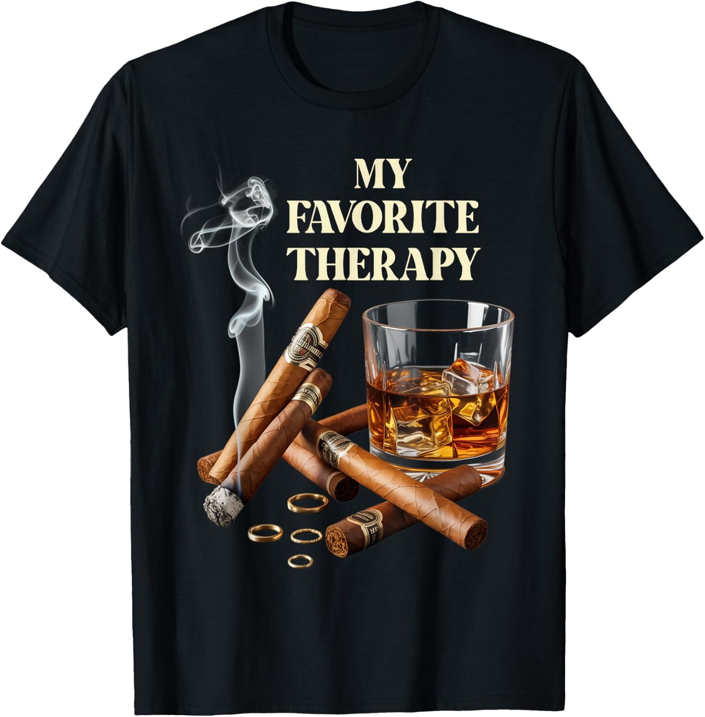 My Favorite Therapy Funny Cigar and Whiskey Lovers T-Shirt - T-Shirt | Black