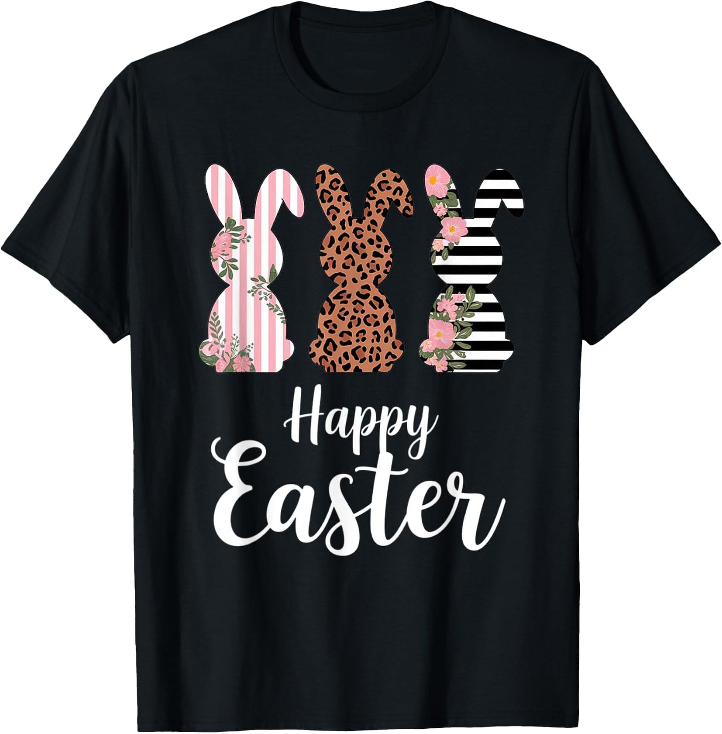 Happy easter Bunny Cute Pink Leopard Plaid Flower Bunny T-Shirt - T-Shirt | Black