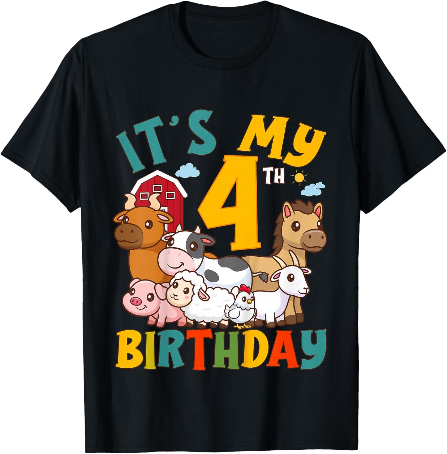 It's My 4th Birthday 4 Years Old Farm Animals Theme Kids T-Shirt - T-Shirt | Black