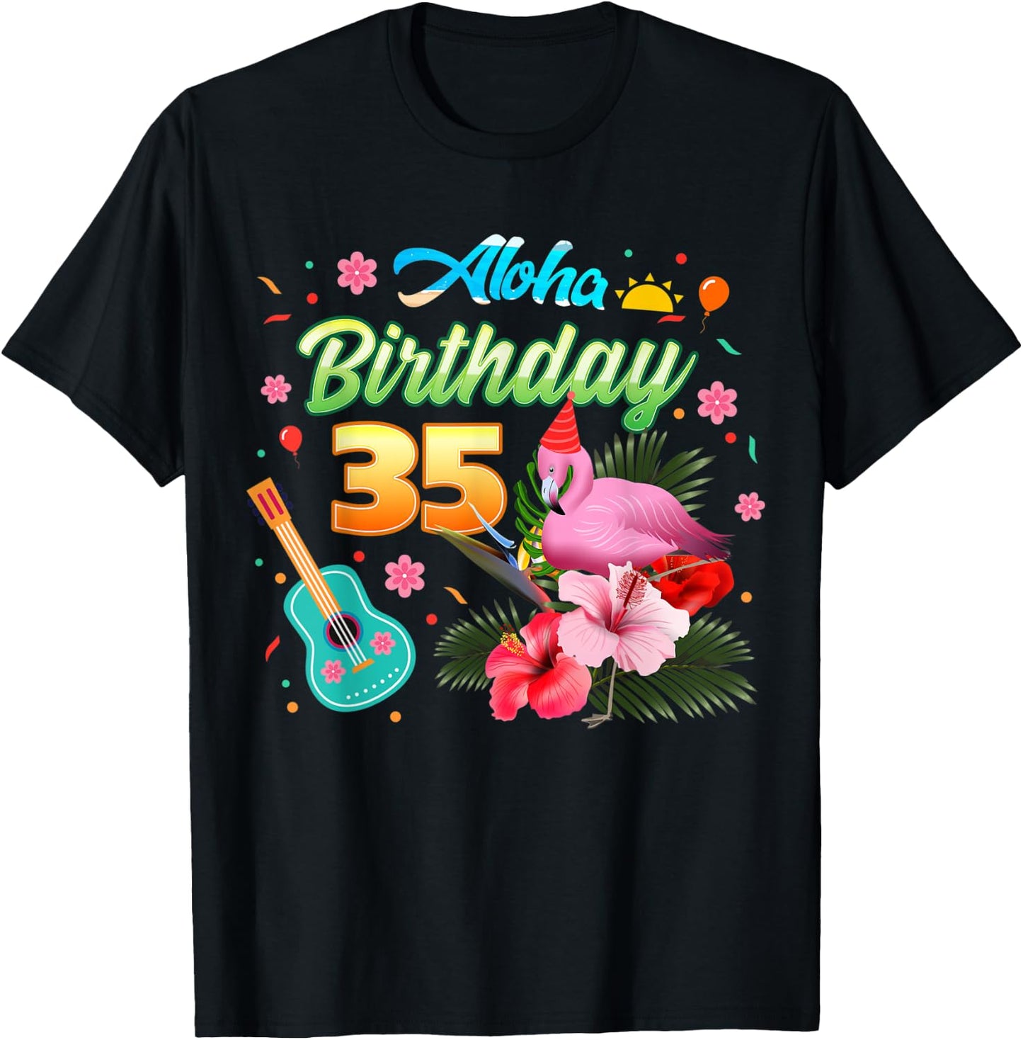 Aloha Hawaii 35 Year Old Birthday Flamingo Hawaiian 35th T-Shirt - T-Shirt | Black