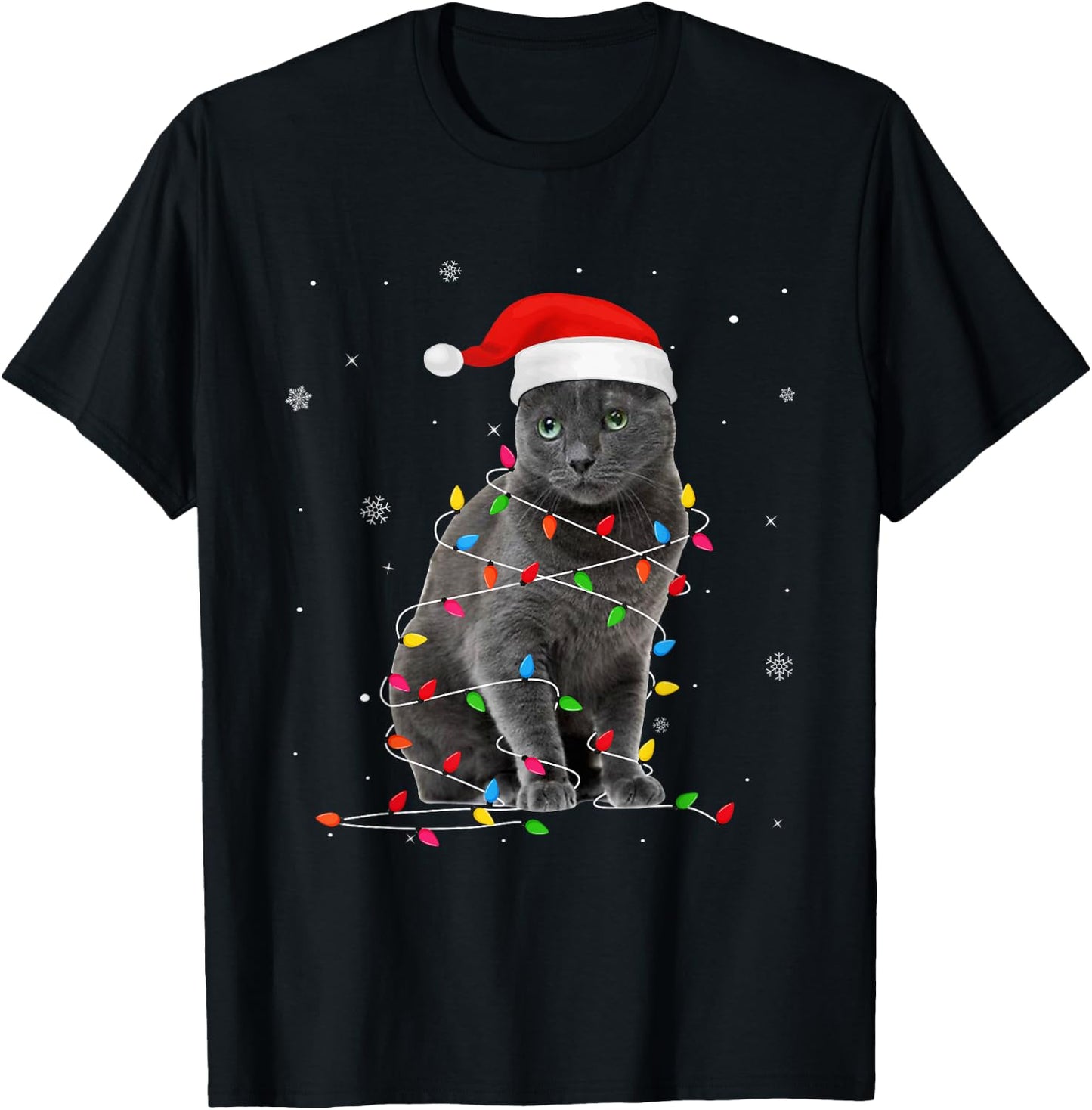 Funny Russian Blue Christmas Light Cat Dad Cat Mom Women Kids T-Shirt - T-Shirt | Black