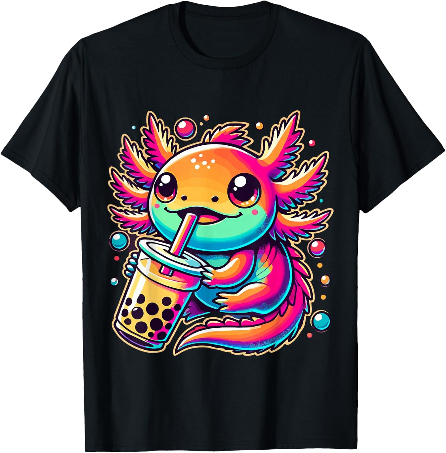 Axolotl drinking Boba Tea Bubble Tea Kawaii T-Shirt - T-Shirt | Black