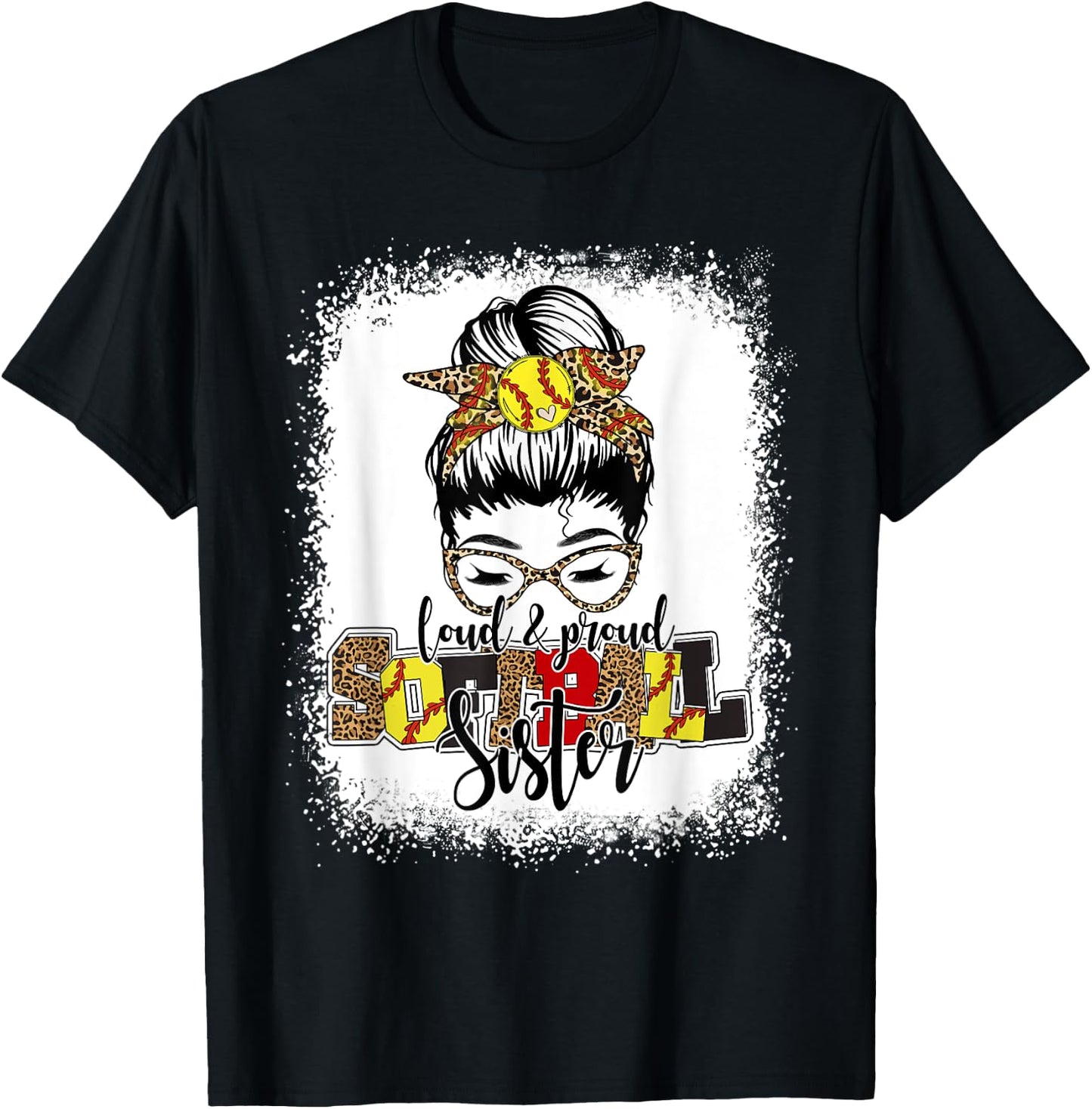 Bleached Softball Sister Leopard Messy Bun Funny Mothers Day T-Shirt - T-Shirt | Black