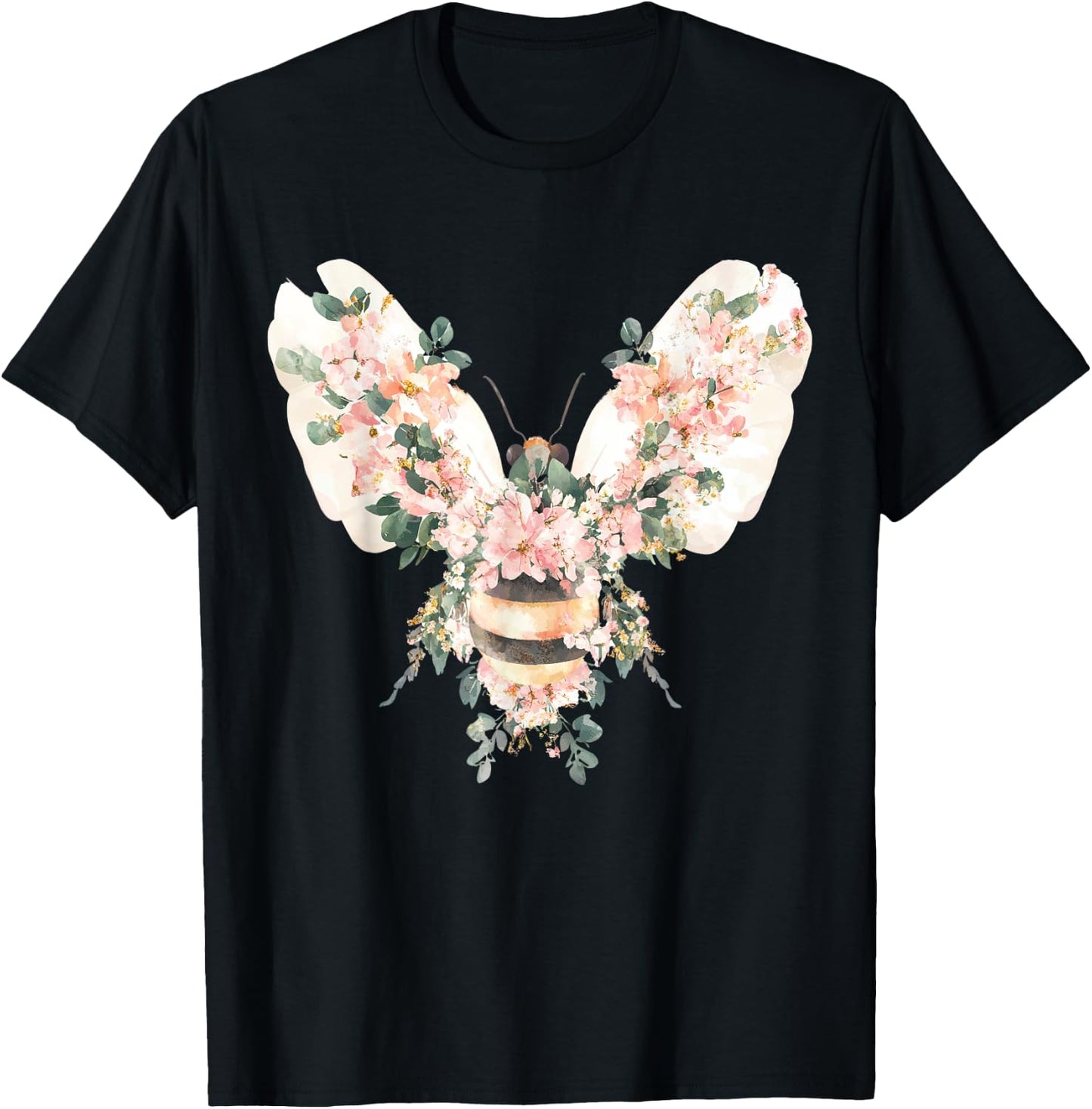 Floral Spring Women Flower Bee T-Shirt - T-Shirt | Black