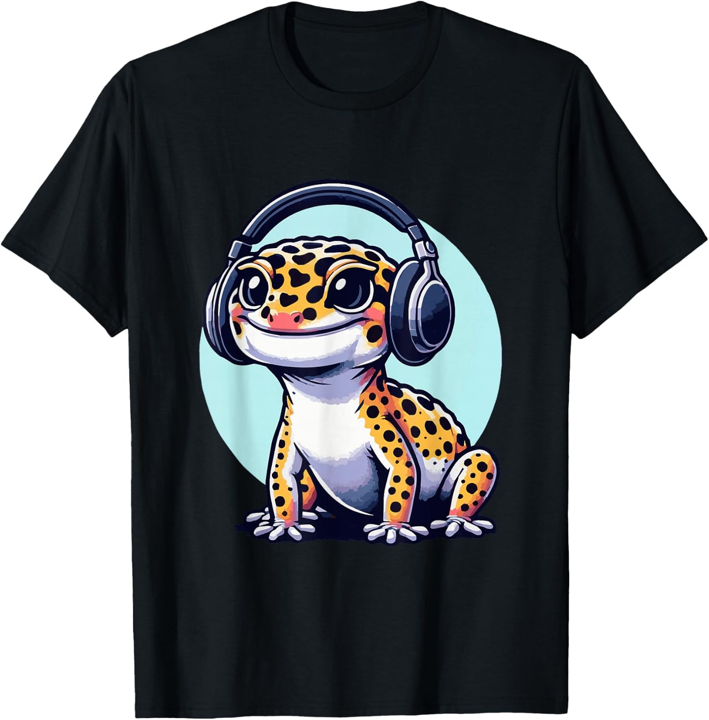 Gecko With Headset Music Musician Herpetology Leopard Gecko T-Shirt - T-Shirt | Black