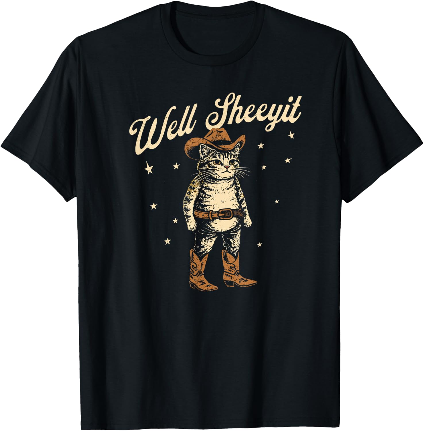 Well Sheeyit Funny Cowboy Cat Vintage Western Humor Art T-Shirt - T-Shirt | Black