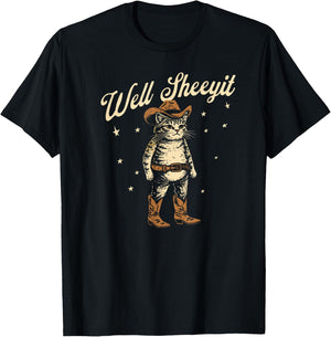 Well Sheeyit Funny Cowboy Cat Vintage Western Humor Art T-Shirt - T-Shirt | Black