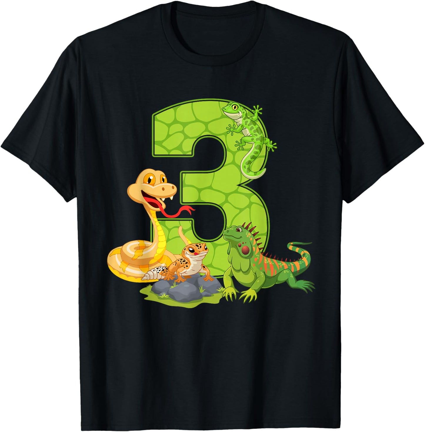 3rd Birthday Snake Lizard Reptile 3 Year Old Birthday Party T-Shirt - T-Shirt | Black