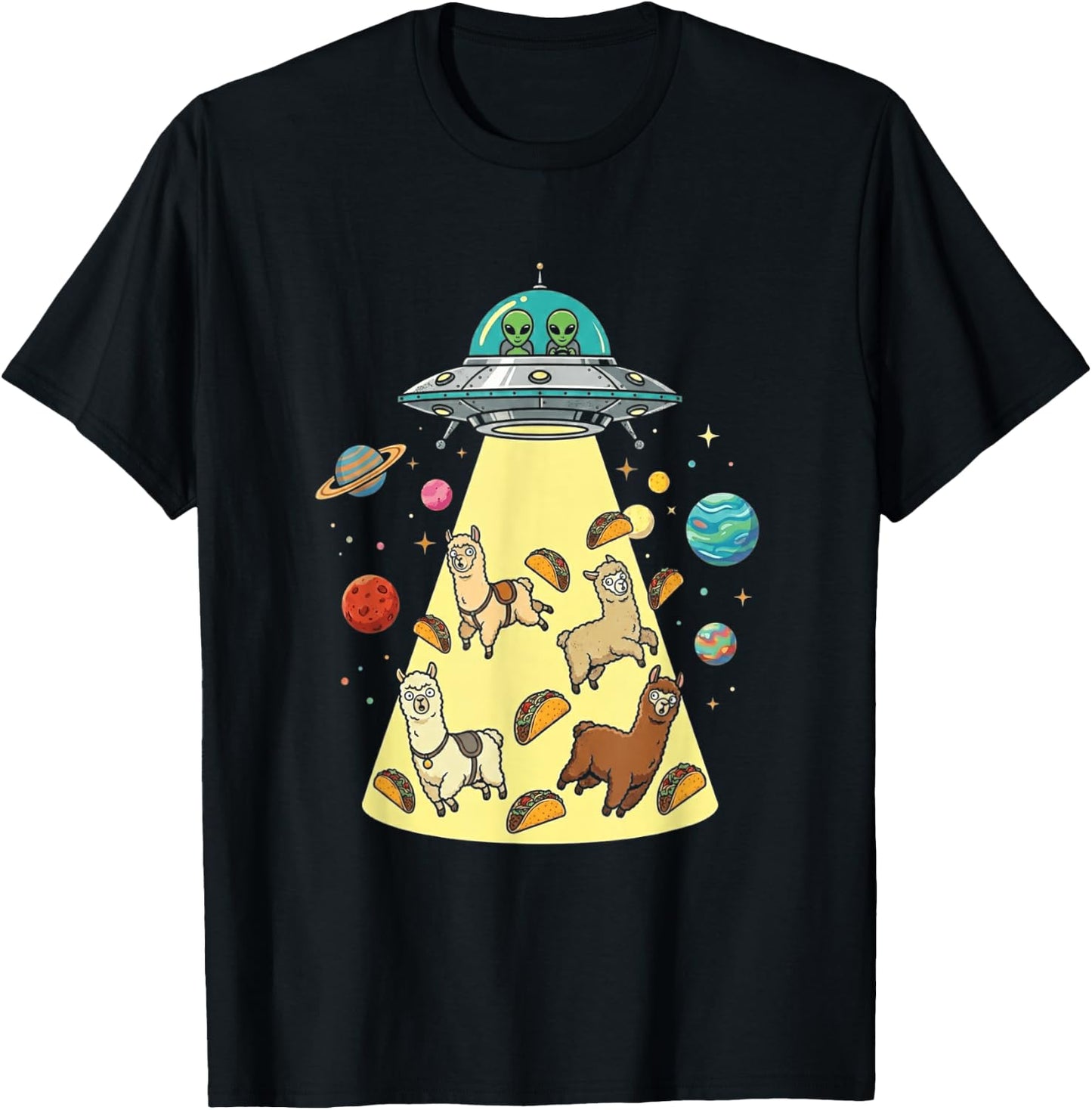 Funny Llama UFO Taco Alien Abduction Space Food T-Shirt - T-Shirt | Black