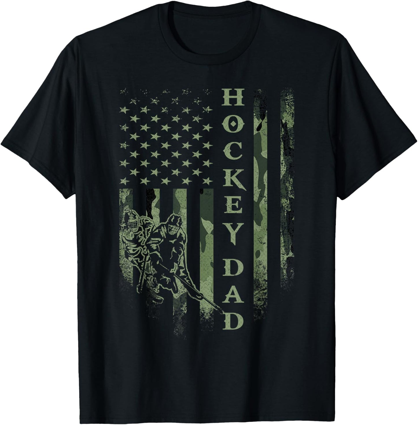 Vintage USA American Camo Flag Proud Hockey Dad Silhouette T-Shirt - T-Shirt | Black