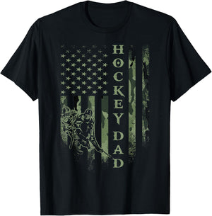 Vintage USA American Camo Flag Proud Hockey Dad Silhouette T-Shirt - T-Shirt | Black