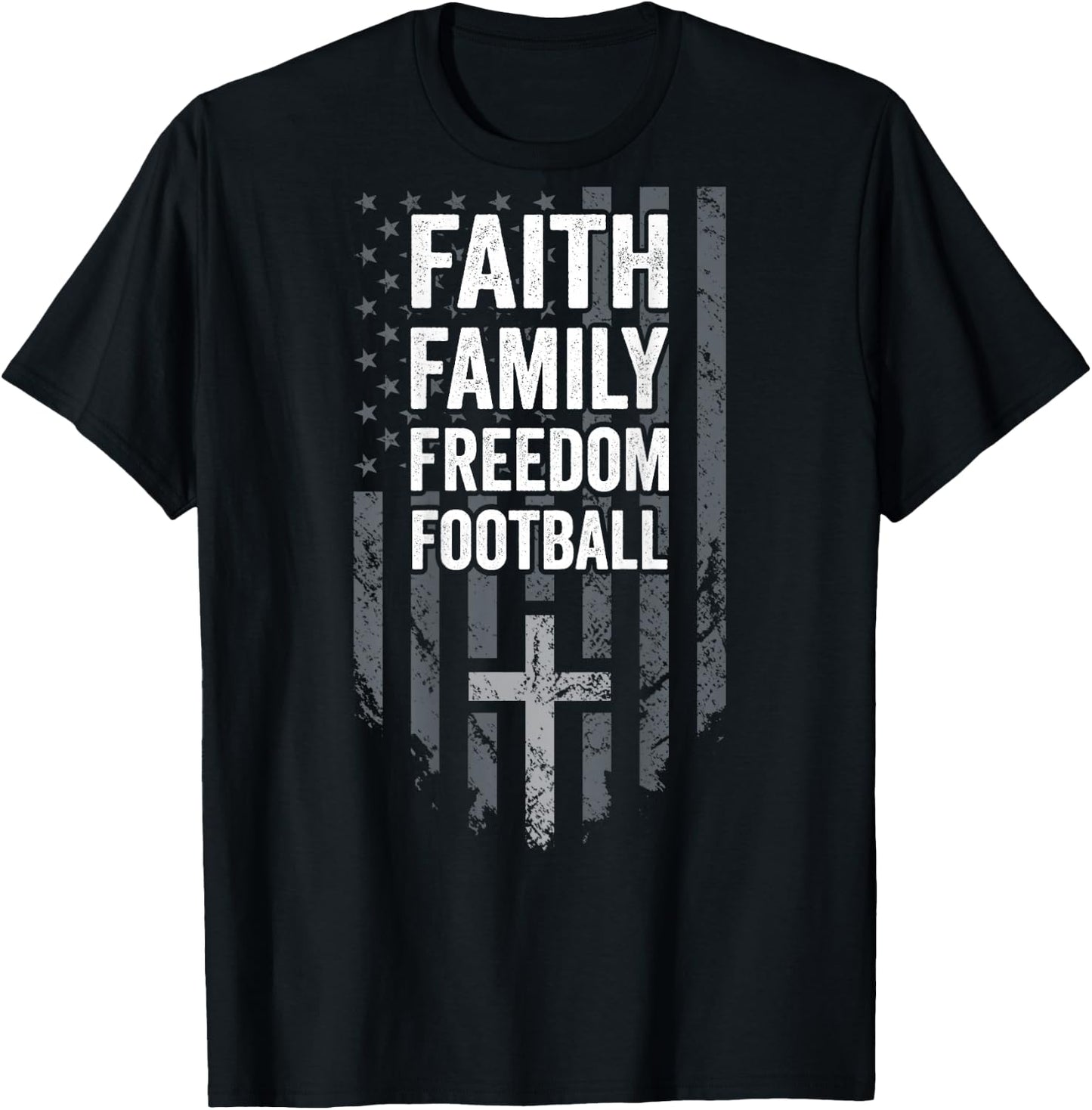 Faith Family Freedom Football - USA Cross Flag - ON BACK T-Shirt - T-Shirt | Black
