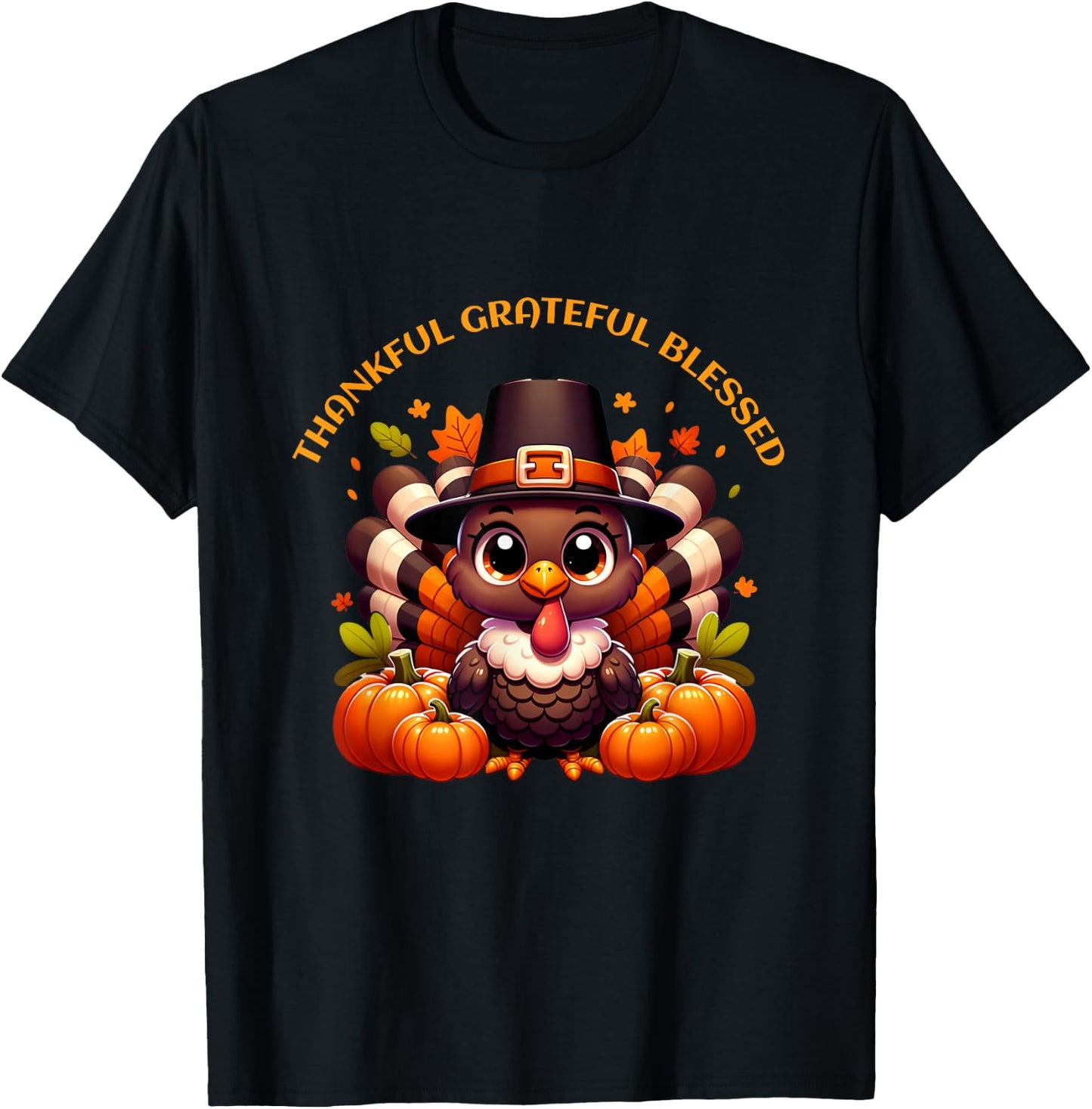 Thankful Grateful Blessed Cute Turkey Thanksgiving For Kids T-Shirt - T-Shirt | Black