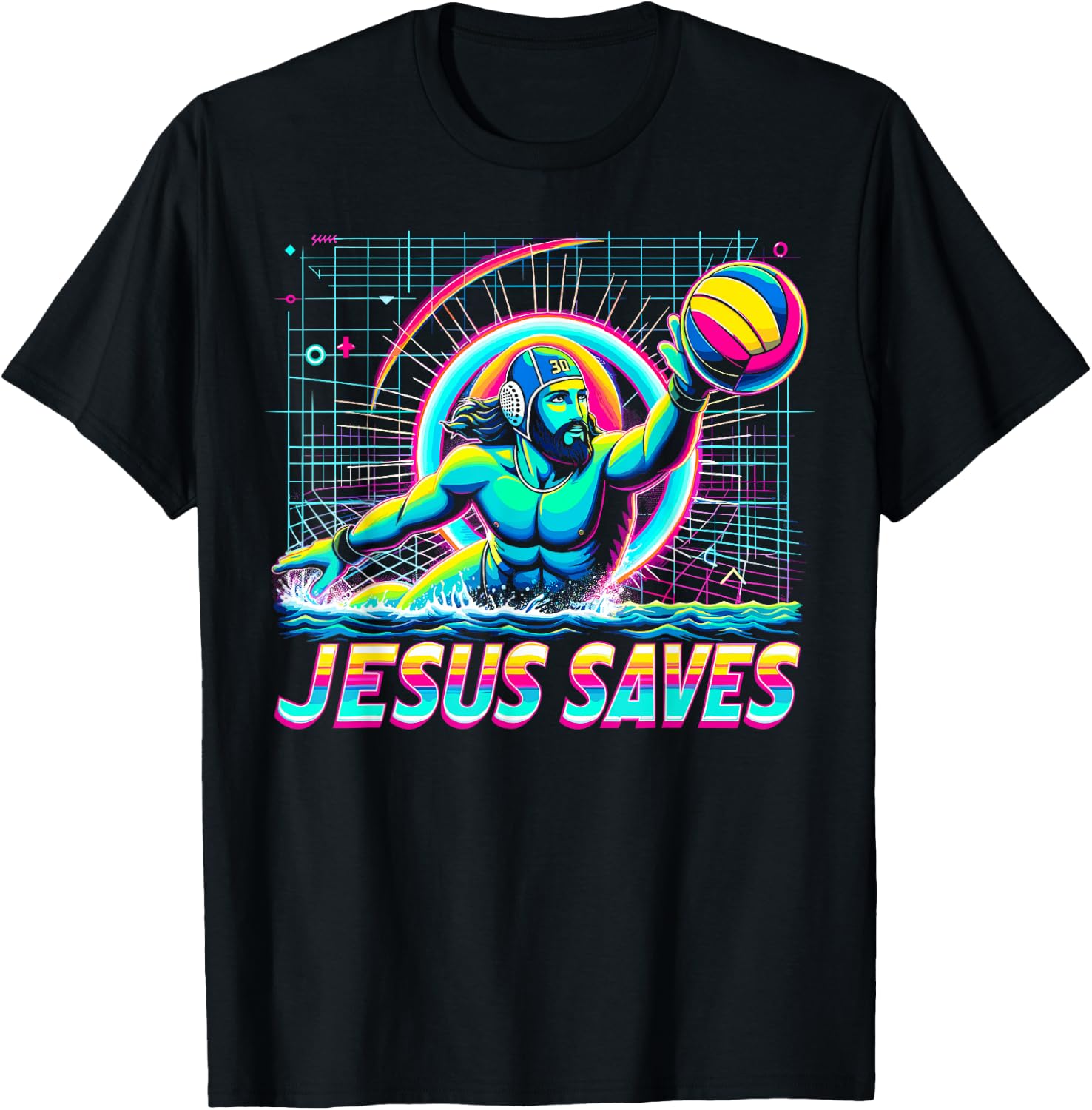 80s Vaporwave Jesus Saves Water Polo T-Shirt - T-Shirt | Black