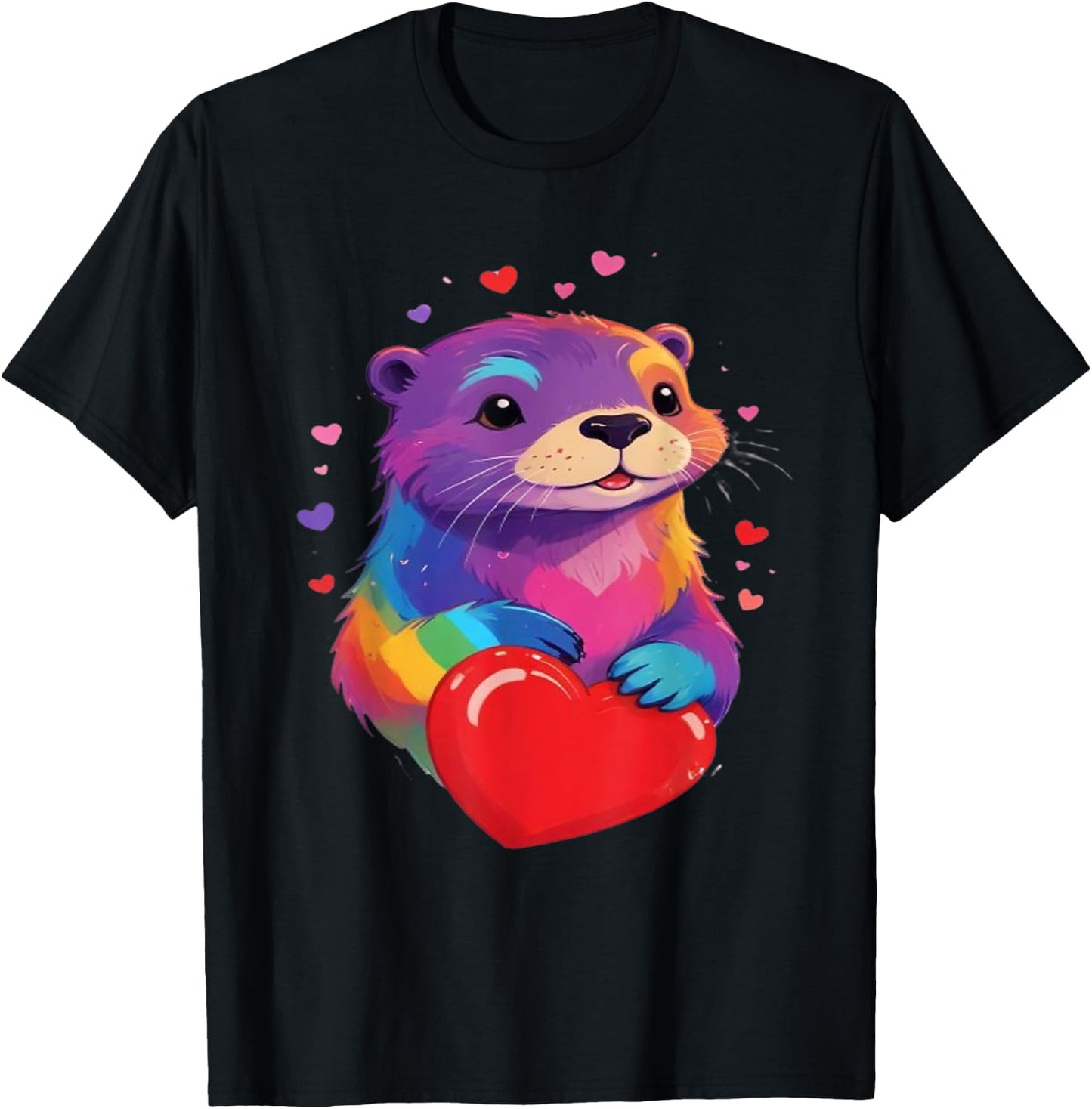 Otter Shirt - Otter Print Colorful Heart , Black, S T-Shirt - T-Shirt | Black