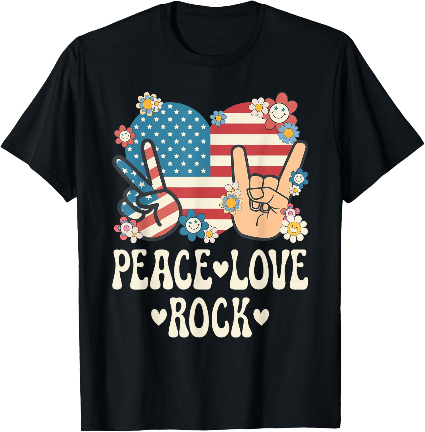 Peace Love Rock And Roll American Flag Patriotic Retro Rock T-Shirt - T-Shirt | Black