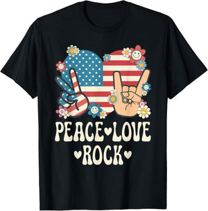 Peace Love Rock And Roll American Flag Patriotic Retro Rock T-Shirt - T-Shirt | Black