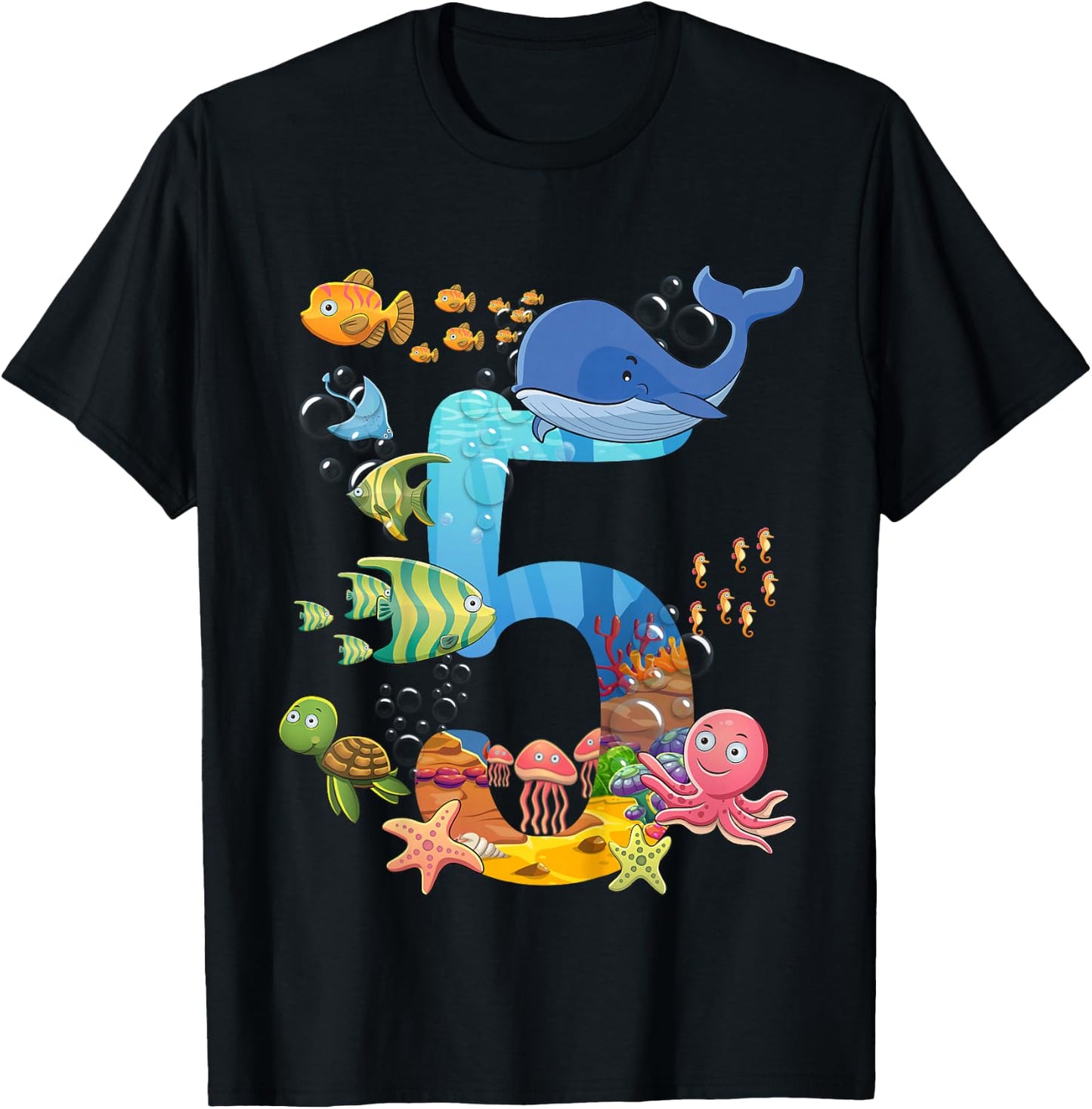 5 Years Old Sea Fish Ocean Animal 5th Birthday Boy Girl T-Shirt - T-Shirt | Black