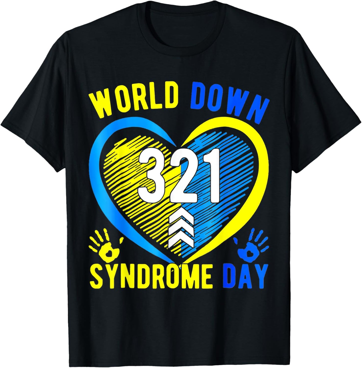 Blue Yellow Heart 21 World Down Syndrome Awareness Day T-Shirt - T-Shirt | Black