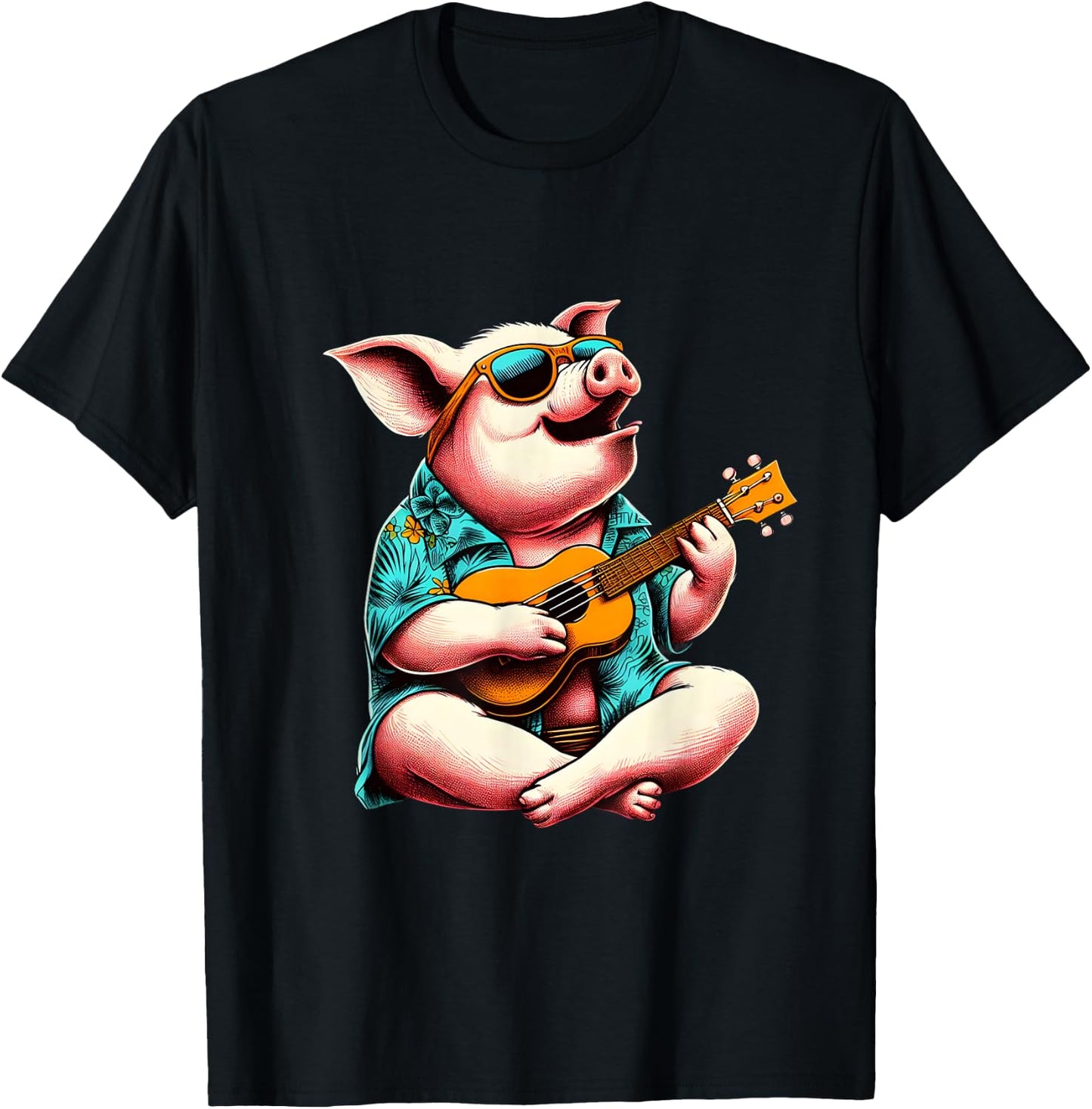 Pig Wearing a Hawaiian Shirt, Playing a Ukulele T-Shirt - T-Shirt | Black