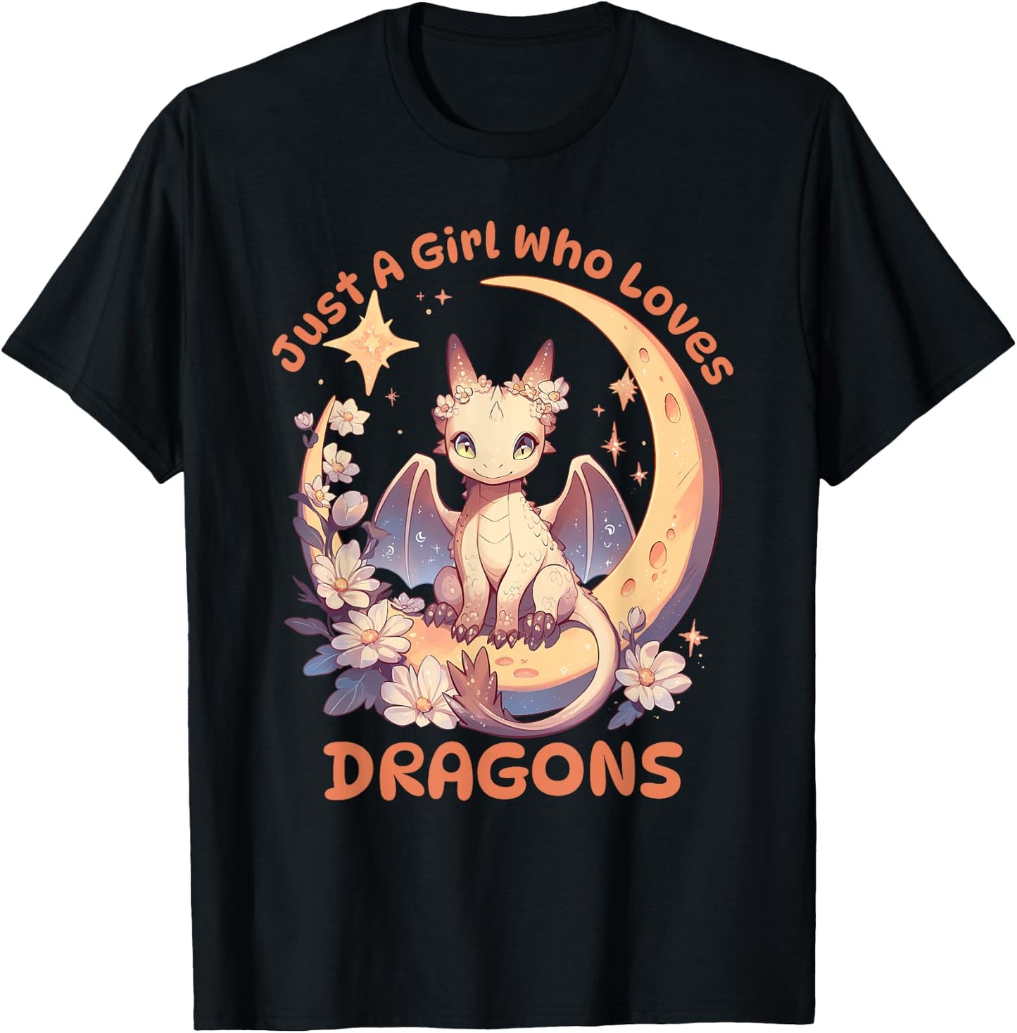 Just A Girl Who Loves Dragons Cute Dragon On Crescent Moon T-Shirt - T-Shirt | Black