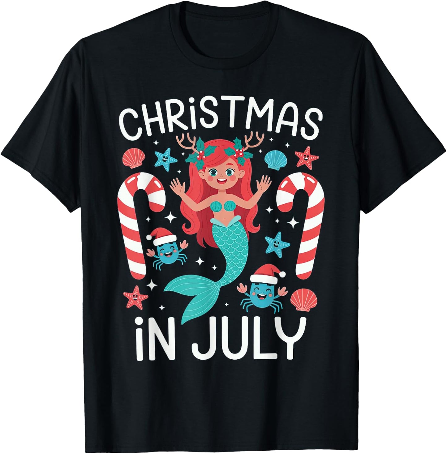Christmas In July Cute Mermaid Summer T-Shirt - T-Shirt | Black