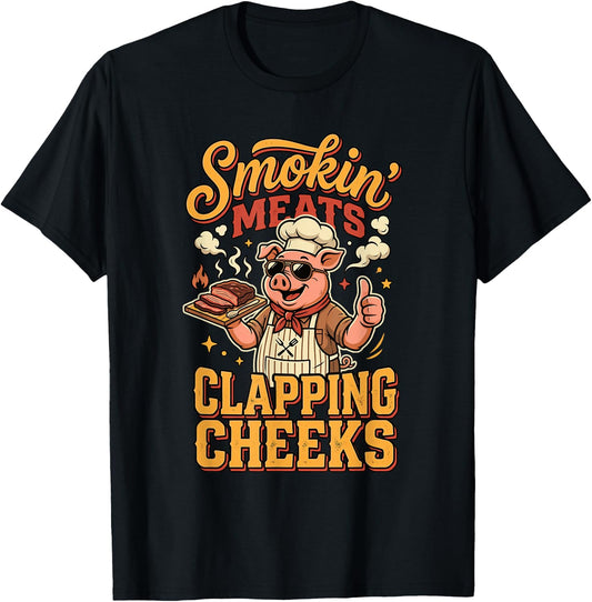 Smokin Meats Clapping Cheeks BBQ Pig Pitmaster T-Shirt - T-Shirt | Black