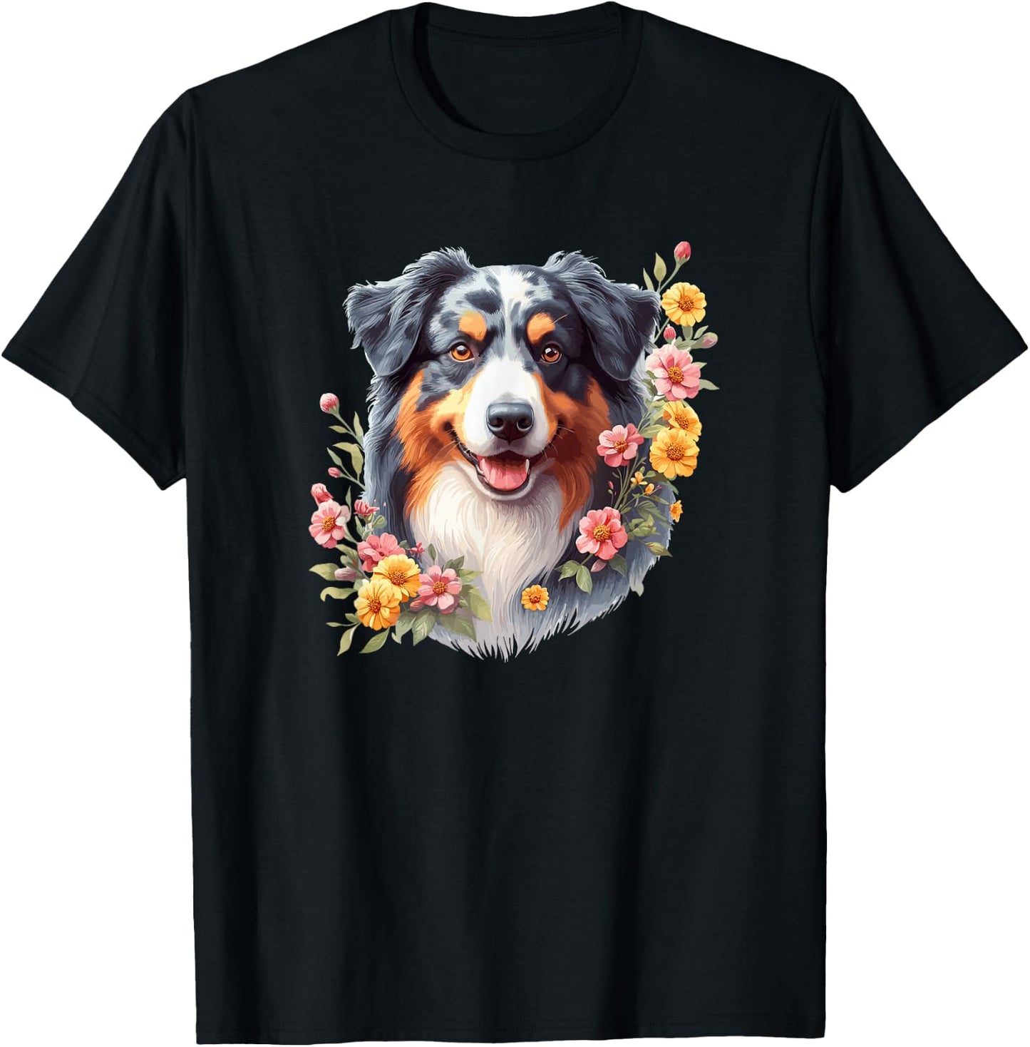 Cute Flowers Funny Floral Watercolor Blue Merle Aussie Lover T-Shirt - T-Shirt | Black