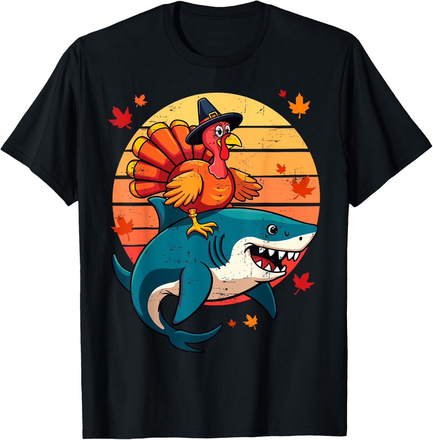Funny Shark & Turkey Thanksgiving Day Kids Harvest Festival T-Shirt - T-Shirt | Black
