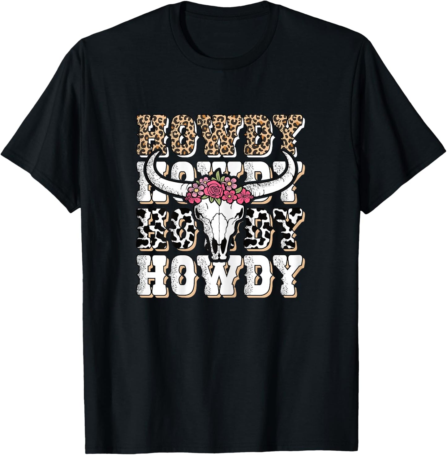 Howdy Western Country Bull Skull Rodeo Pink Cowgirl Women T-Shirt - T-Shirt | Black