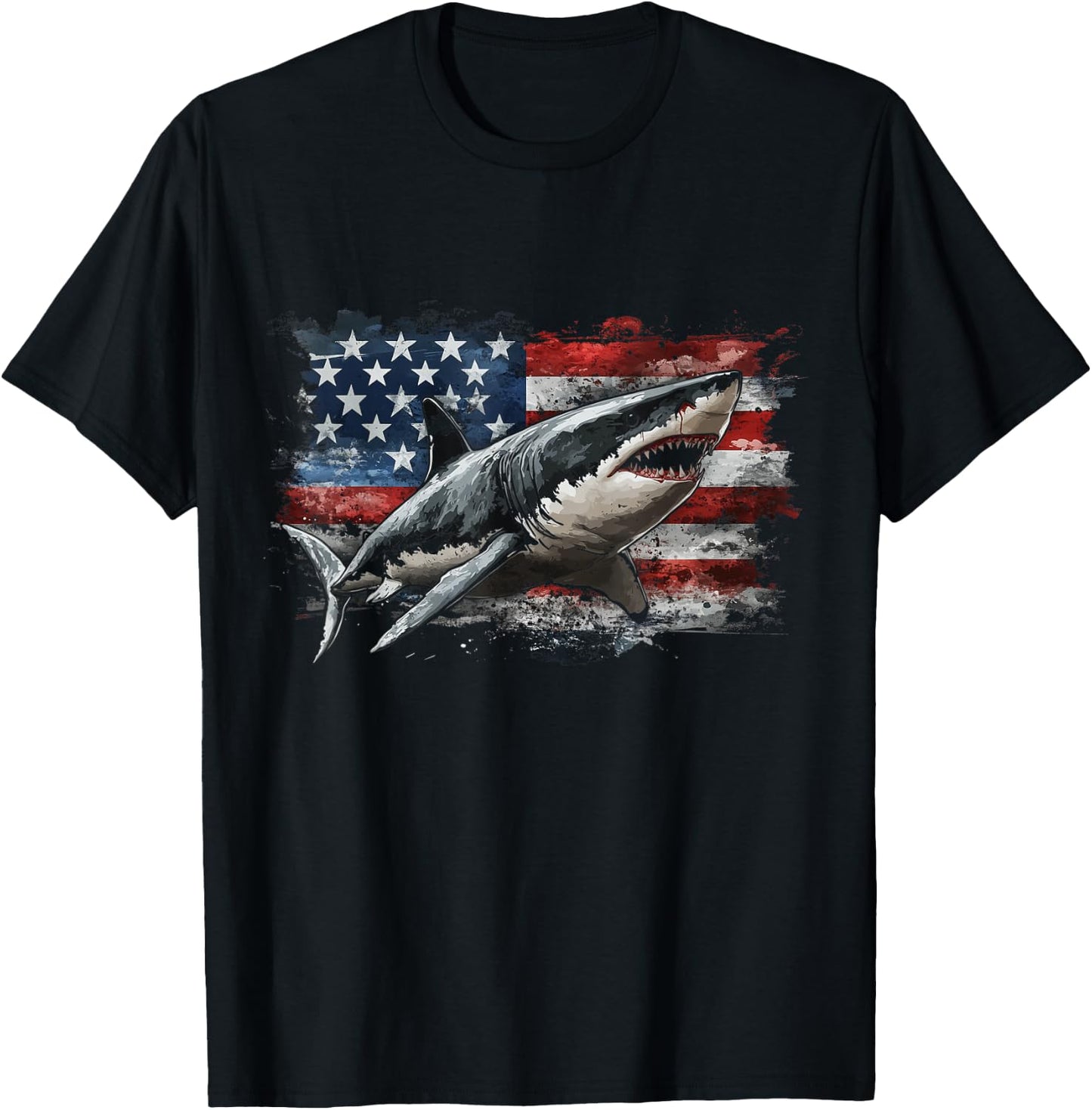 Patriotic Great White Shark American Flag 4th Of July Shark T-Shirt - T-Shirt | Black
