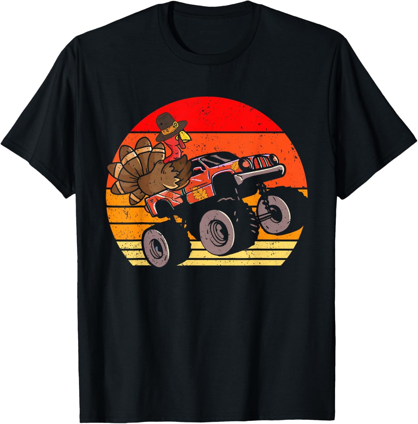 Boys Kids Thanksgiving Turkey Riding Monster Truck Vintage T-Shirt - T-Shirt | Black