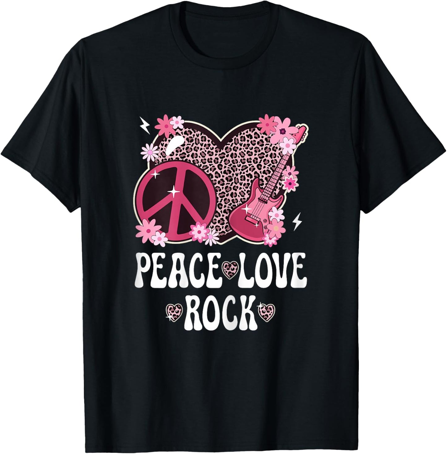 Peace Love Rock And Roll Leopard Print Women Rock Outfit T-Shirt - T-Shirt | Black