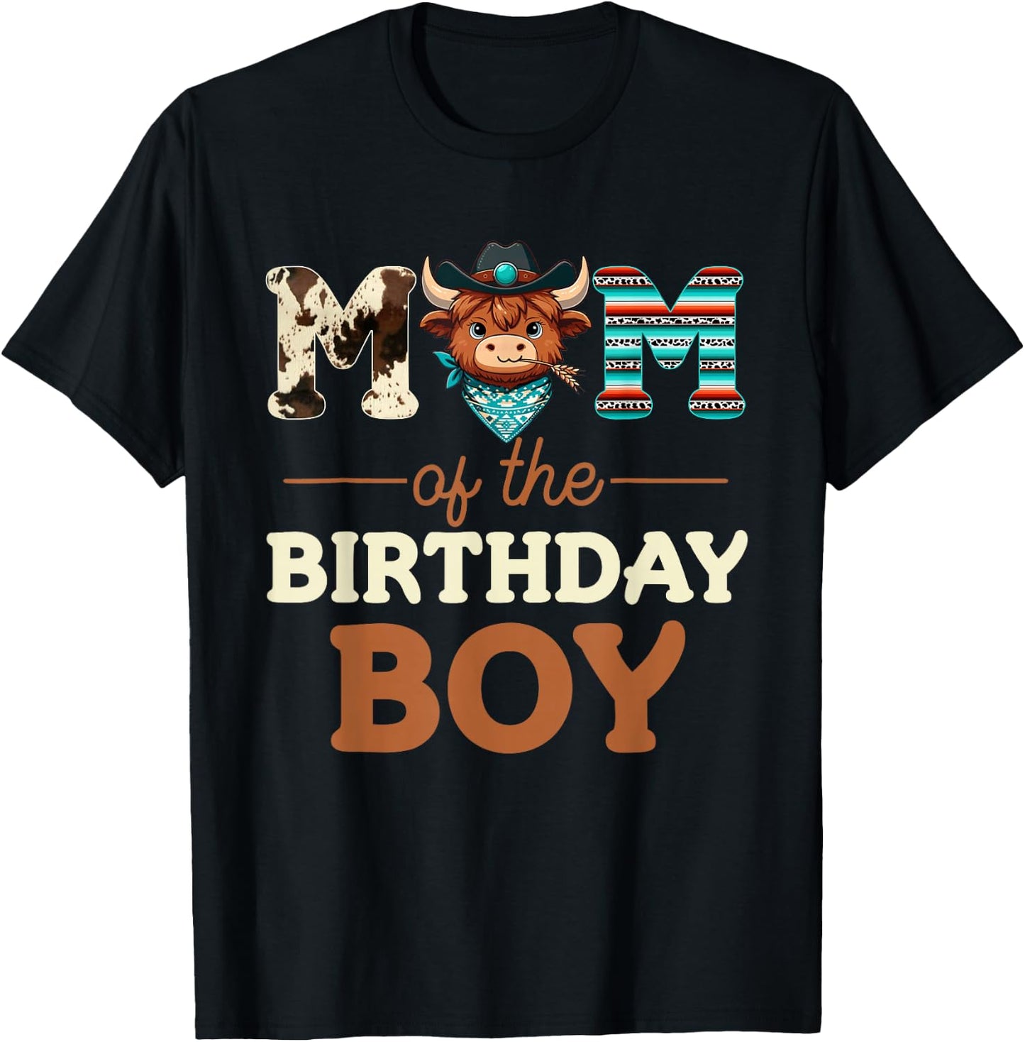 Mom of The Birthday Boy Highland Cow Print First Bday T-Shirt - T-Shirt | Black